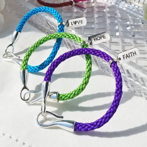 Faith Hope Love Spiritual Charm Bracelet Hand-Woven Satin Thread With A Silver Word & Matching Hook Clasp. Available in 28 Colors
