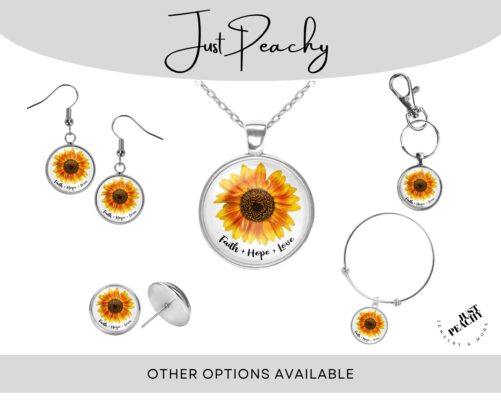 Faith Hope Love Sunflower Art Silver Jewelry Glass Pendant Necklace Large Option Earrings Bracelet Simple Floral Keychain Gift Idea