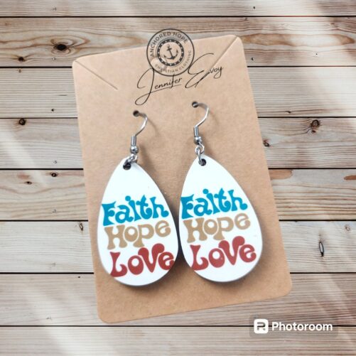 Faith Hope Love Tear Drop Dangle Earrings, Vintage Double Sided Jewelry, Retro Design Christian