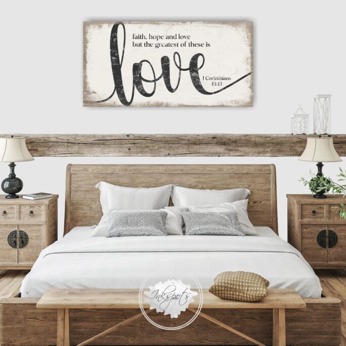 Faith Hope & Love Scripture Sign | Large Farmhouse Bible Verse 1 Corinthians 13 Christian Wall Art Distressed Rustic Canvas - Sc01