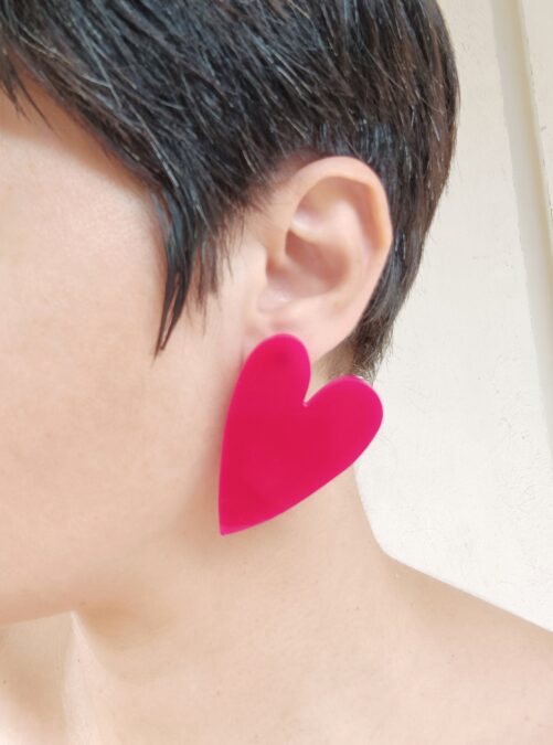 Fuchsia Heart Earrings, Hot Pink Acrylic Large Laser Cut Herats Stud Big Post Plexiglass Love Earrings