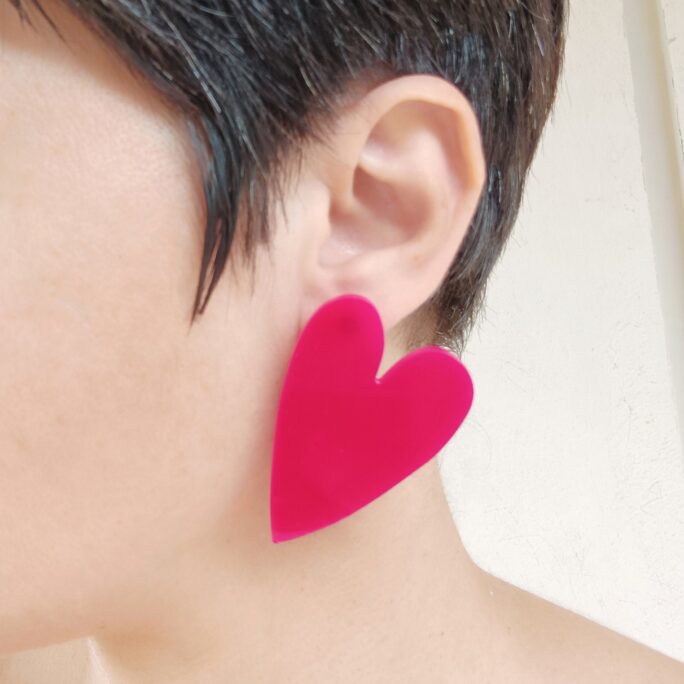 Fuchsia Heart Earrings, Hot Pink Acrylic Large Laser Cut Herats Stud Big Post Plexiglass Love Earrings