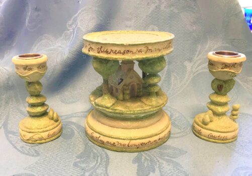 Gorgeous Unity Candle Holder-3 Pieces-Unique Set With Church, Heart Topiaries-Great Gift By Enesco Karen Hahn Foundations Candleholder