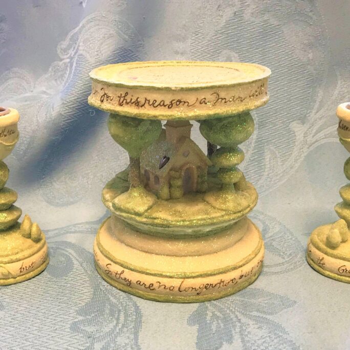 Gorgeous Unity Candle Holder-3 Pieces-Unique Set With Church, Heart Topiaries-Great Gift By Enesco Karen Hahn Foundations Candleholder