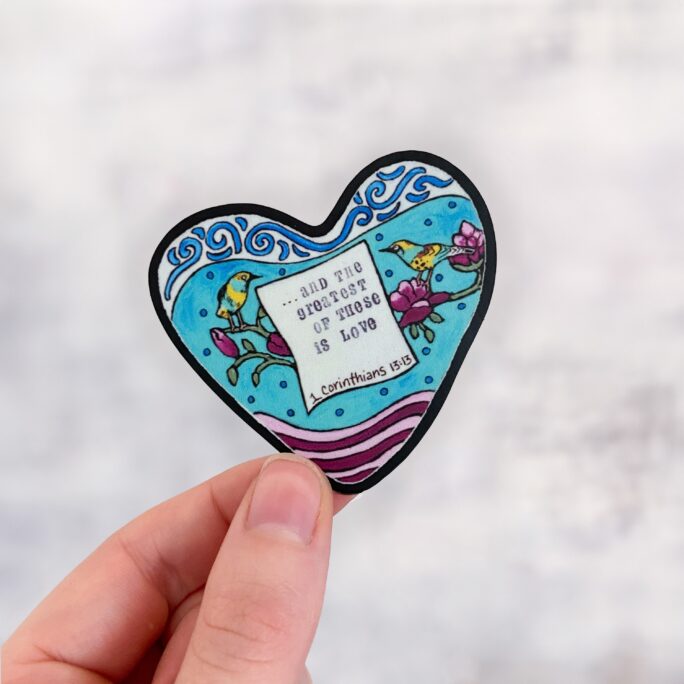 Heart Sticker For Water Bottle, Small Valentines Gift, Bible Verse Sticker, Love Never Fails, Original Artwork, Wedding Favor Stickers