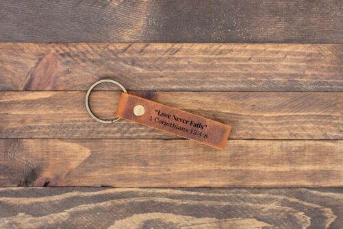 Inspirational Bible Verse Love Never Fails Leather Keychain, Christian Scripture Religious Gift For Her Him Couples