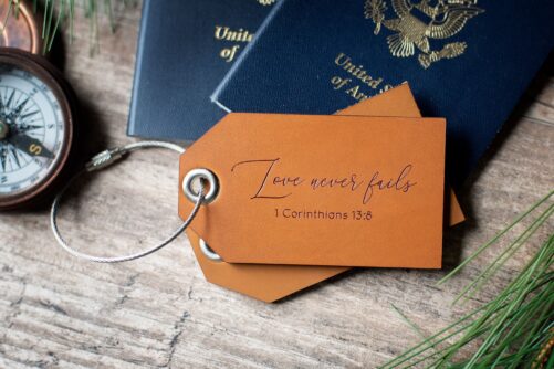 Leather Luggage Tag Personalized, Christian Tag, Custom Travel Gift | Corinthians Quote, Love Never Fails