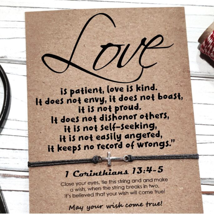 Love Is Patient, Couple Gift, Cross Bracelet Faith Religious Gift For Him Her Inspirational Quote Valentines Day