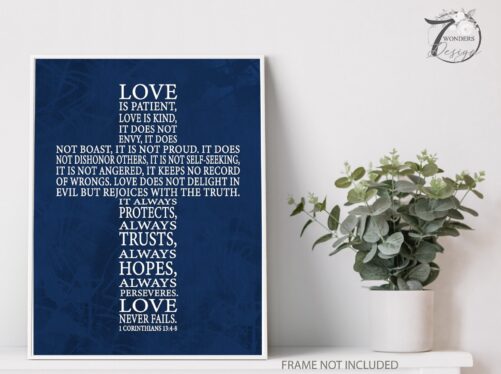 Love Is Patient Cross Typography Christian Navy Blue Home Decor Bible Verse Wall Art 1 Corinthians 134-8 Scripture Unframed Print Or Canvas