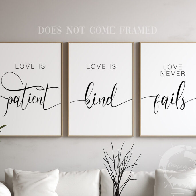 Love Is Patient, Kind, Never Fails, Romantic Posters, Set Of 3 Poster Prints, Home Wall Art Décor, Minimalist