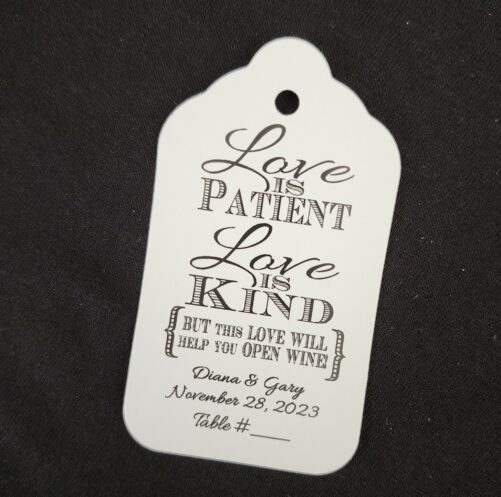 Love Is Patient Kind Open A Bottle Of Wine Bottle Opener Favor Tag | My Large Tag 1 3/4" X 3 1/4" Personalize With Names & Date