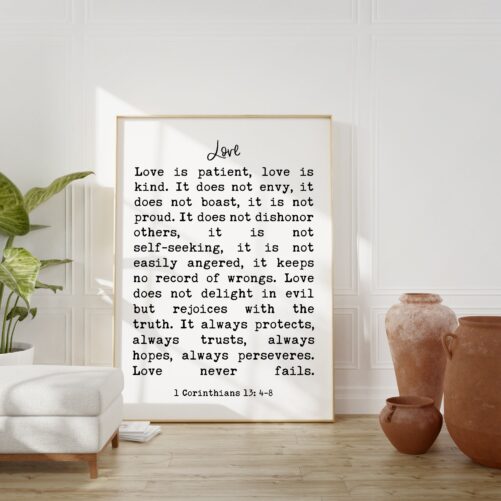 Love Is Patient, Kind. Never Fails - 1 Corinthians 134-8 Art Print/Religious Scripture, Wedding Gift Quote, Bible Verse