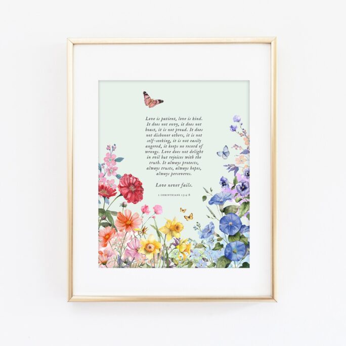 Love Never Fails | 1 Corinthians 13 4-8 Art Print | Art Print Bible Verse Decor Wall