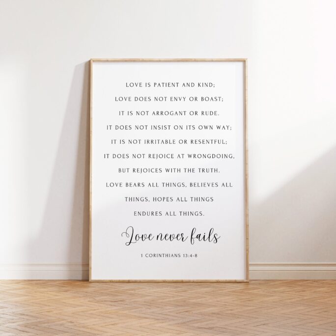 Love Never Fails, 1 Corinthians 134-8, Bible Verse Wall Art, Minimal Scripture Sign, Christian Home Decor, Wedding Gift