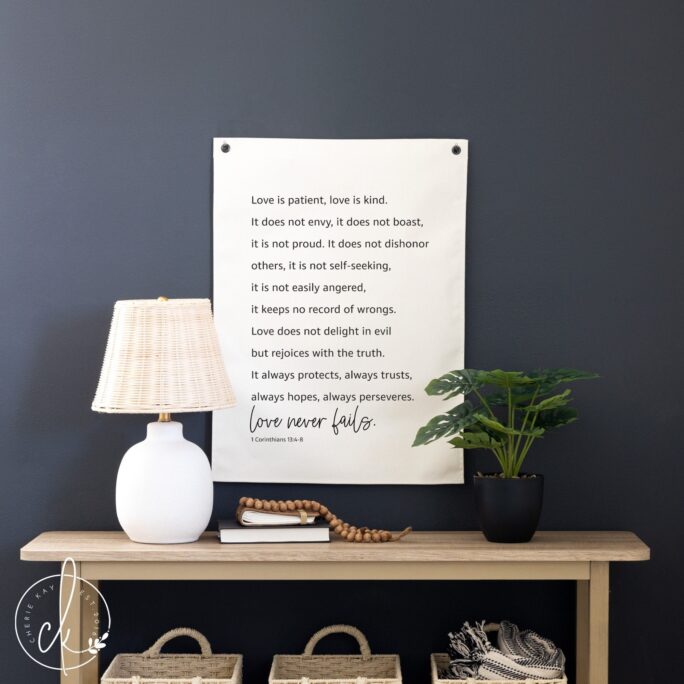 Love Never Fails | 1 Corinthians 134-8 Wall Hanging Christian Art Bedroom Decor Canvas