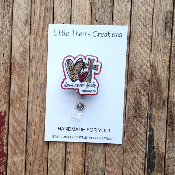 Love Never Fails Badge Reel, Inspirational Faith Christian Bible Verse Reel