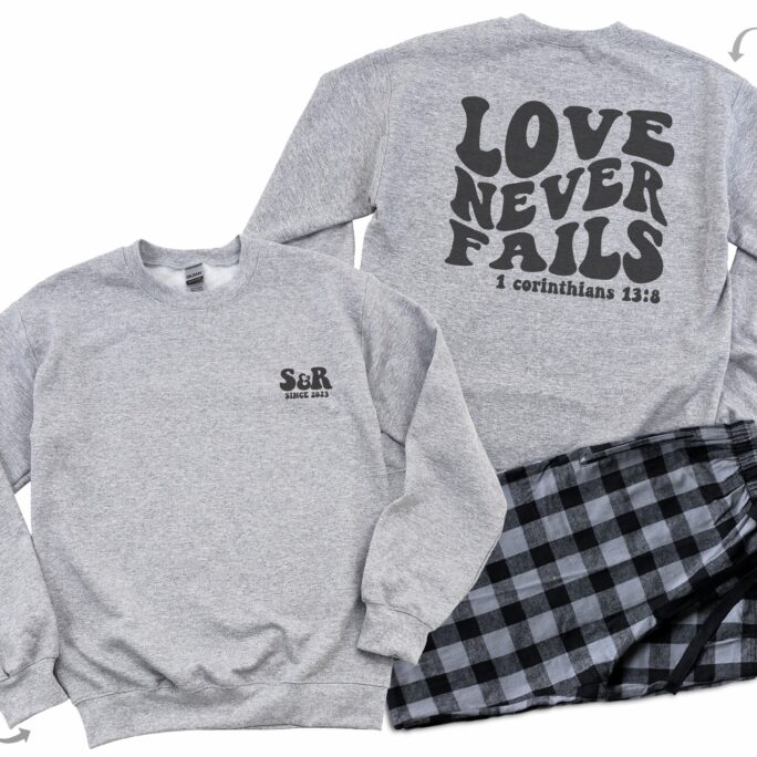 Love Never Fails - Couple Matching Pajamas, Personalized Anniversary Gift, Husband Valentines Day Gift, Boyfriend Bible Verse Gg