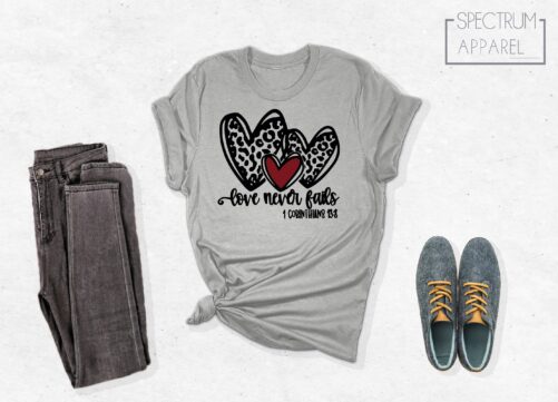 Love Never Fails Shirt, Valentine's Day Outfit, Christian Valentines Gift, Religious Leopard Tee