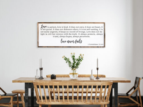 Love Never Fails Sign - Framed Wood 1 Corinthians 134-8 Dining Room Farm House Wall Decor #phs44