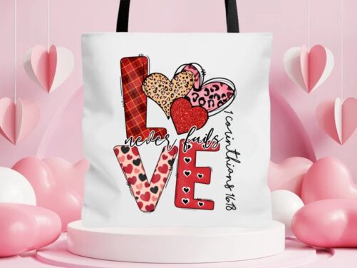 Love Never Fails Tote Bag, Valentine Christian Valentines Day Gift, Canvas Bag