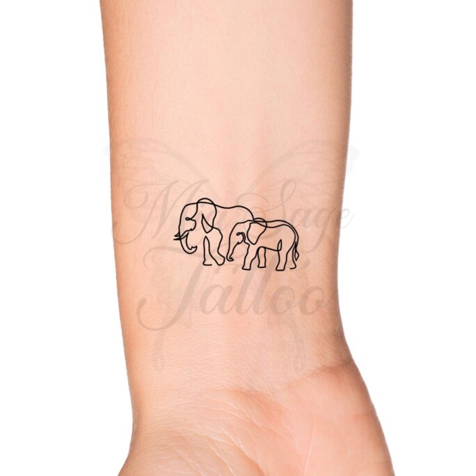 Momma Baby Elephants Single Continuous Line Temporary Tattoo - Family Motherhood Animal Love Elephant