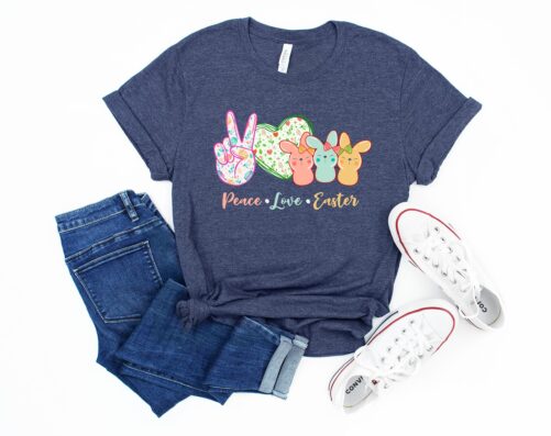 Peace Love Easter Peeps T-Shirt, Bunny Gift, Heart Shirt, Youth Egg Long Sleeve, Shirt