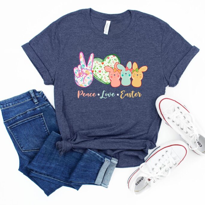 Peace Love Easter Peeps T-Shirt, Bunny Gift, Heart Shirt, Youth Egg Long Sleeve, Shirt