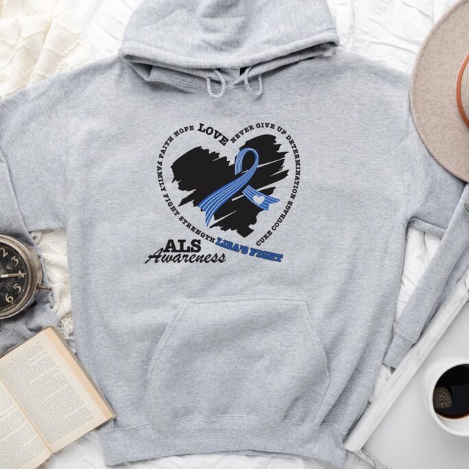 Personalized Als Hoodie, Awareness Blue Ribbon Sweatshirt, Warrior Never Give Up Determination Hoodie