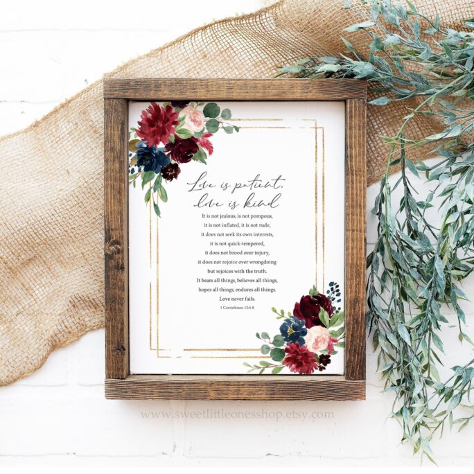 Printed 8x10, 5x7 Love Is Patient Kind Print 1 Corinthians 134-8 Bible Verse Wedding Decor Marriage Sacrament Art