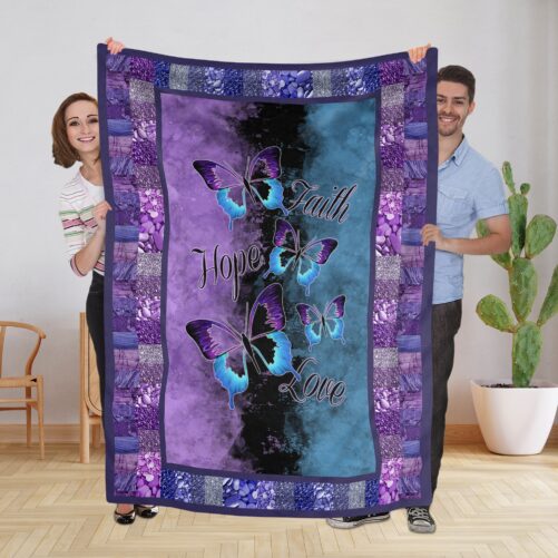Purple Butterflies Faith Hope Love Fleece Blanket, Butterfly Housewarming Gift, Birthday Gift For Her Him, Home Decor Gifts