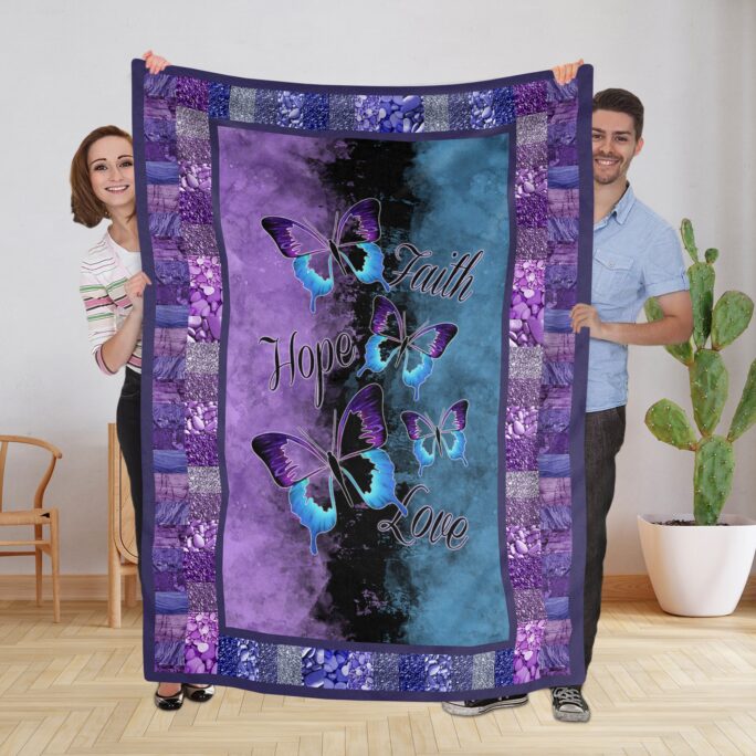 Purple Butterflies Faith Hope Love Fleece Blanket, Butterfly Housewarming Gift, Birthday Gift For Her Him, Home Decor Gifts