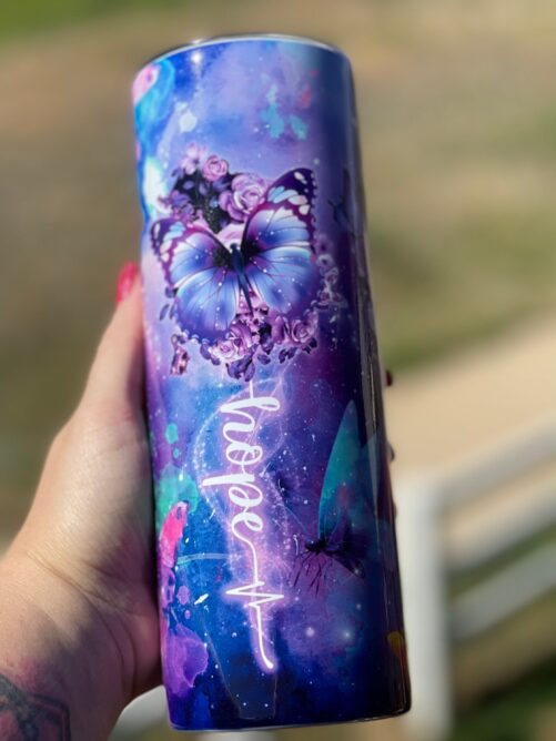 Purple Butterfly Faith Hope Love 20 Ounce Stainless Steel Skinny Tumbler