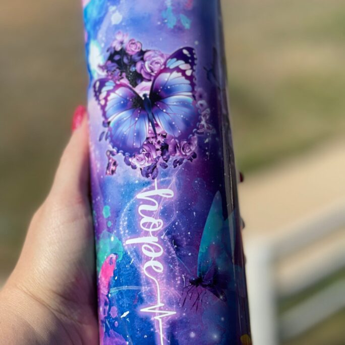 Purple Butterfly Faith Hope Love 20 Ounce Stainless Steel Skinny Tumbler