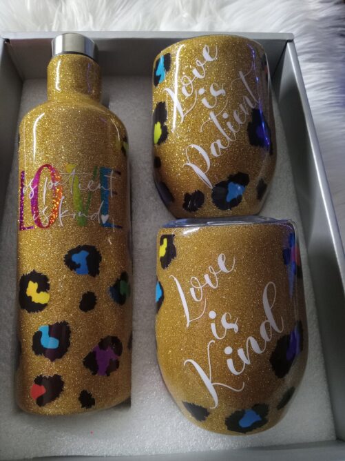 Rainbow Leopard Wine Glass Set, Pride Gift Love Is Patient Kind Glittered Tumbler Glasses