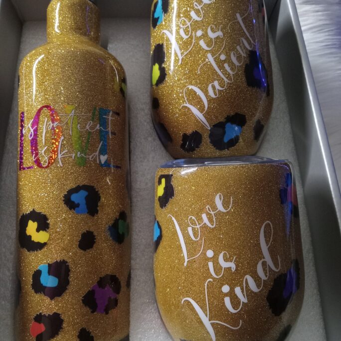 Rainbow Leopard Wine Glass Set, Pride Gift Love Is Patient Kind Glittered Tumbler Glasses