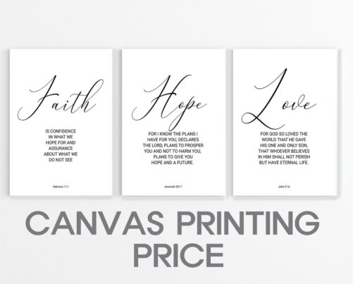 Set Of 3 Canvas, Faith Hope Love Bible Verse Wall Art Prints, Quote Hebrews 11, Jeremiah 29, John 16