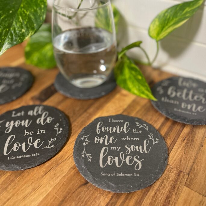 Set Of Four Slate Coasters. Love Bible Verses. 1 Corinthians, Mark, Ecclesiastes, Song Solomon. Christian Gift For Her, Valentine's Day