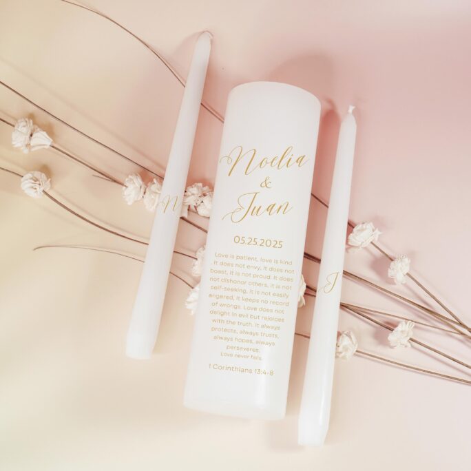 Simple Monogram Minimal Gold Elegant Unity Candle Set Minimalist Script Ensemble Custom Contemporary Love Is Patient