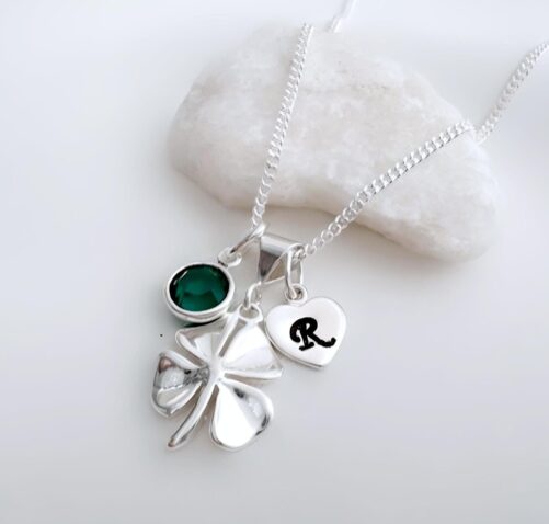 Sterling Silver Four Leaf Clover Necklace, Personalized Birthstone & Initial, Faith Hope, Love, Good Luck Irish Jewelry, St. Patrick's Day