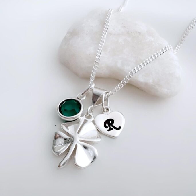 Sterling Silver Four Leaf Clover Necklace, Personalized Birthstone & Initial, Faith Hope, Love, Good Luck Irish Jewelry, St. Patrick's Day