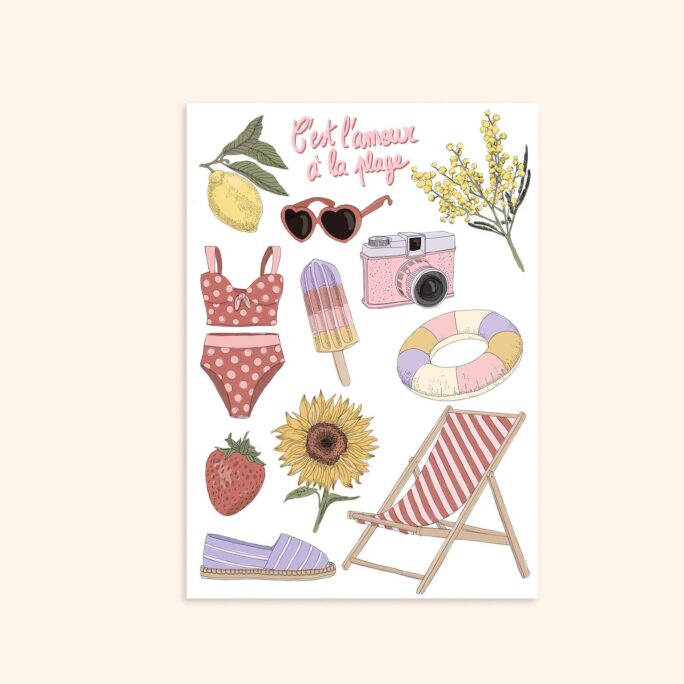 Temporary Tattoos "It's Love At The Beach" - Sheet Of 12 Illustrations Drawn On A Graphics Tablet Pablo Is Girl