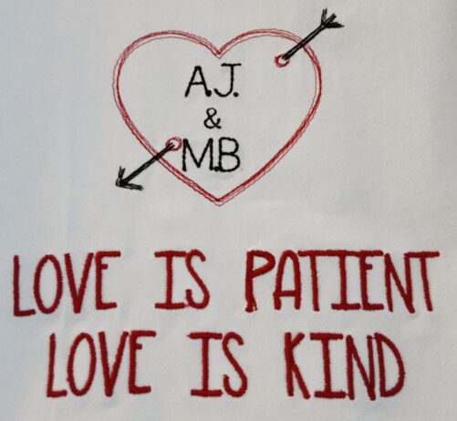 Valentines Gift Embroidered Heart With Initials Flour Sack Towel | Love Is Patient Kind Embroidery Retro Vintage Look Tea