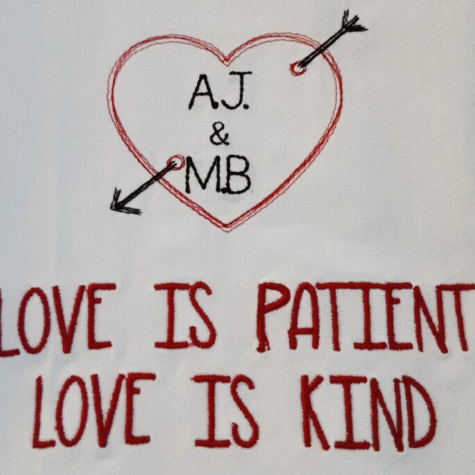 Valentines Gift Embroidered Heart With Initials Flour Sack Towel | Love Is Patient Kind Embroidery Retro Vintage Look Tea