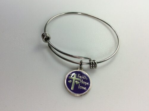 Vintage 8" Bracelet Silver Toned Round With Cross Faith Hope Love & Purple Enamel Used