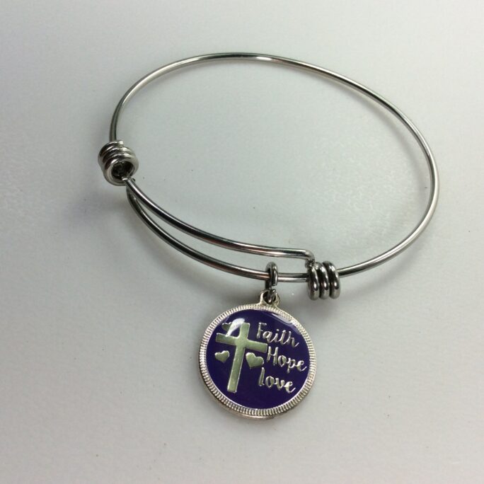 Vintage 8" Bracelet Silver Toned Round With Cross Faith Hope Love & Purple Enamel Used