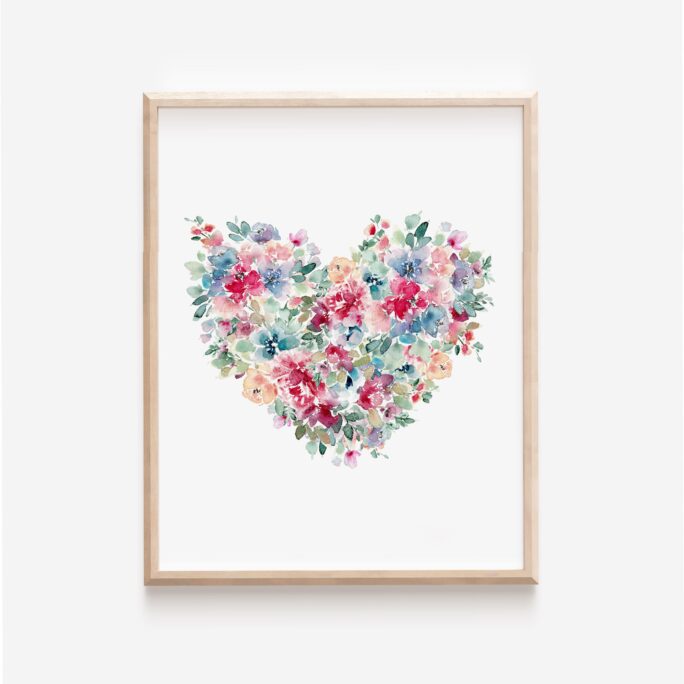 Vintage Pastel Floral Watercolor Heart Print, Retro Cottage Core Modern Farmhouse Decor, Faith Hope Love Bible Verse Scripture Christian Art