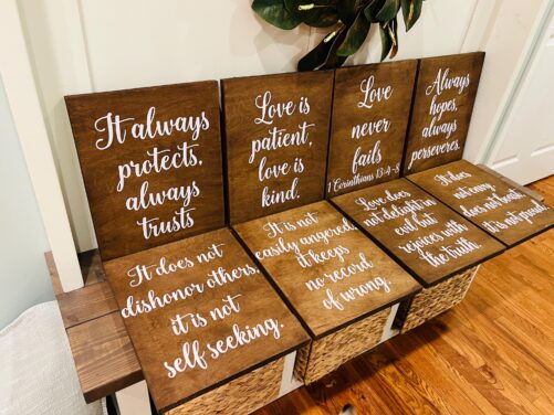 Wedding Aisle Decor. Love Is Patient Is Kind. Decorations. 1 Corinthians 13 Aisle Signs. Rustic