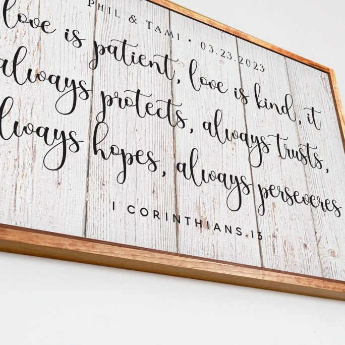 Wedding Bible Verse Customized On Framed Canvas Wall Decor, Background Color & Stain Color Variations Available, 1 Corinthians 137