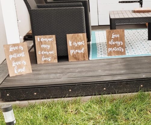 Wooden Boards With Quotes About Love From The Letter To Corinthians 134-8 Unique Wedding Decoration, Is Patient Love Kind