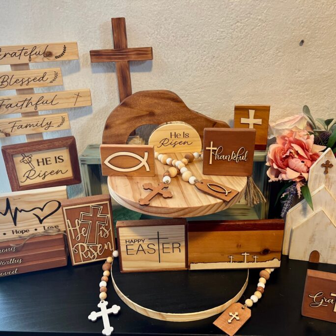 Wooden Religious Tiered Tray Display, He Is Risen Decor, Christian Easter Jesus Tomb, Three Cross Sign, Worthy Bookstack